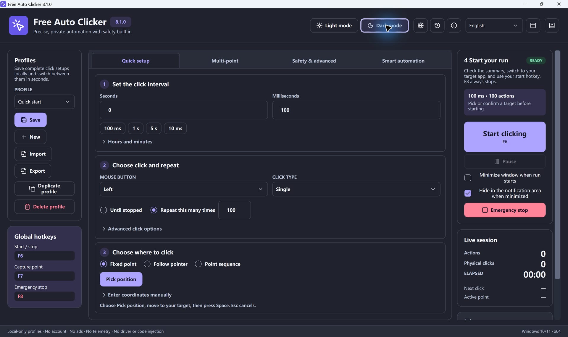 Free Auto Clicker in Dark theme