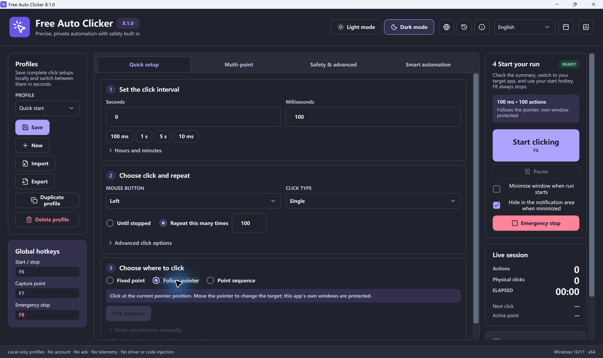 Follow-pointer mode that clicks wherever the mouse is