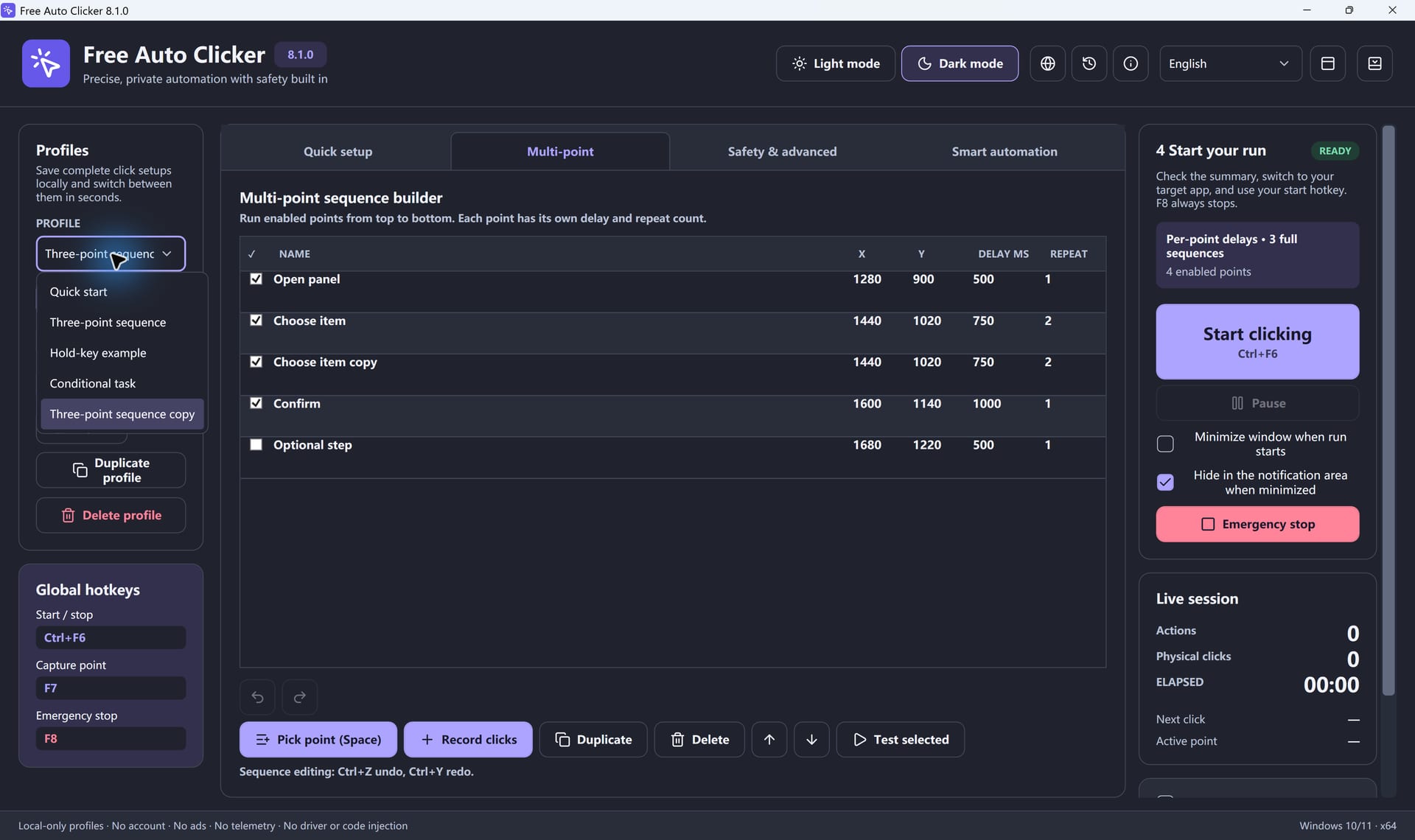 Saved profiles list with a duplicated click sequence