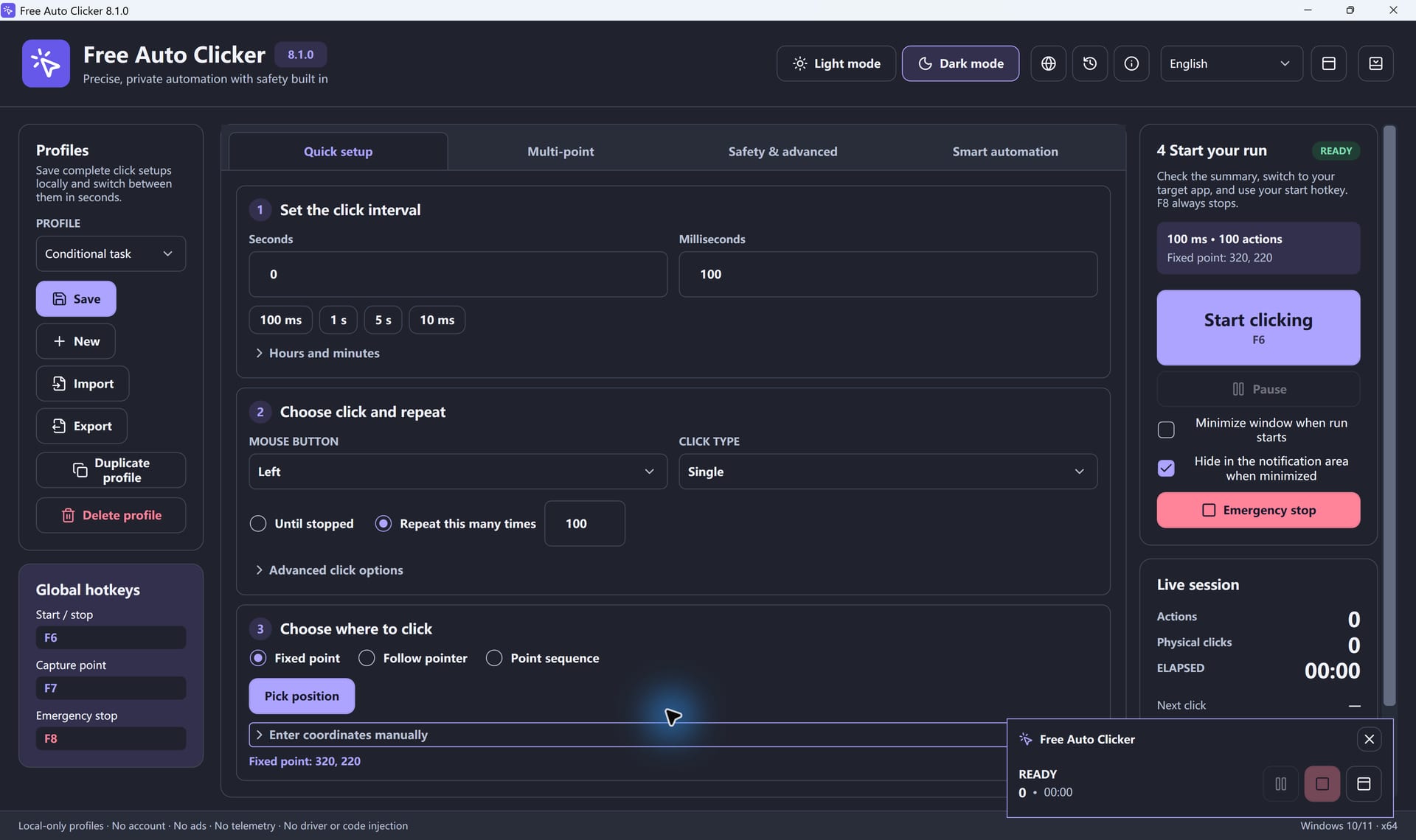 Floating control bar beside the Free Auto Clicker main window